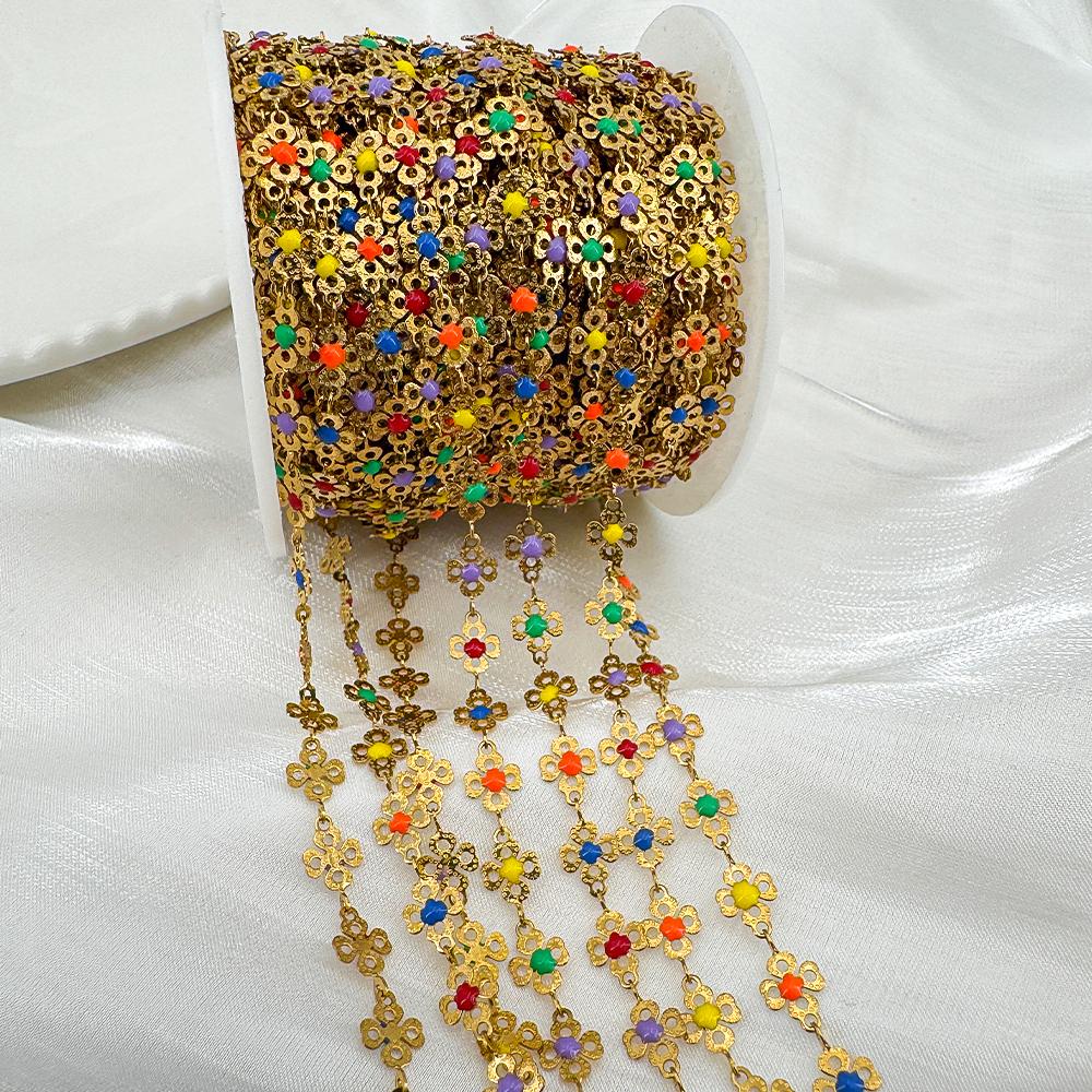 1Meter Stainless Steel Chain Colorful Enamel Daisy Flower Beaded Charm Paper Clip Chain for DIY Jewelry Making Necklace Bracelet