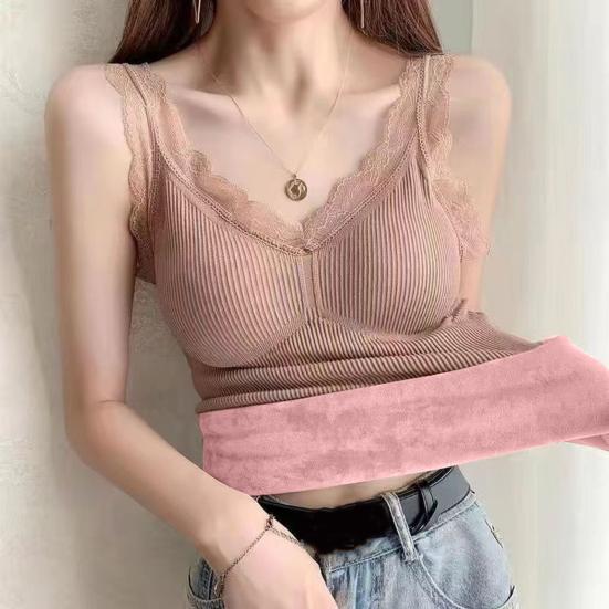Women Thermal Vest Lace Trim Plush-lined V Neck Sleeveless Thread Solid Color Slim Fit Elastic with Chest Pads Layering