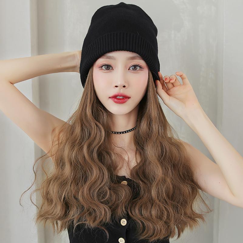 Beanie with Hair Attached for Women Slouchy Cable Hat Wig Knit Beanie Winter Hat with 20inch Removable Hair Extensions Wig