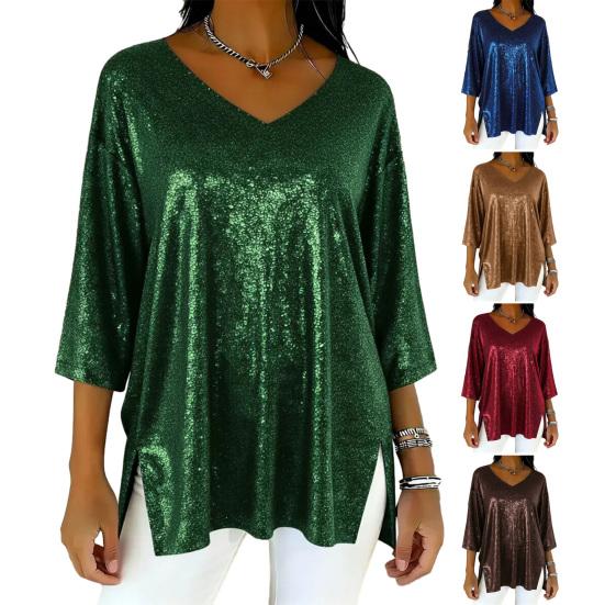 Женские топы V-образный вырез 45720 рукава свободный крой пуловер топы однотонный свободный крой глянцевый дизайн повседневный
