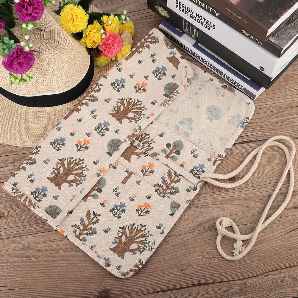 Floral Print Canvas Roll Up Pencil Bag Wrap Curtain Pen Case Large Capacity Storage Pouch