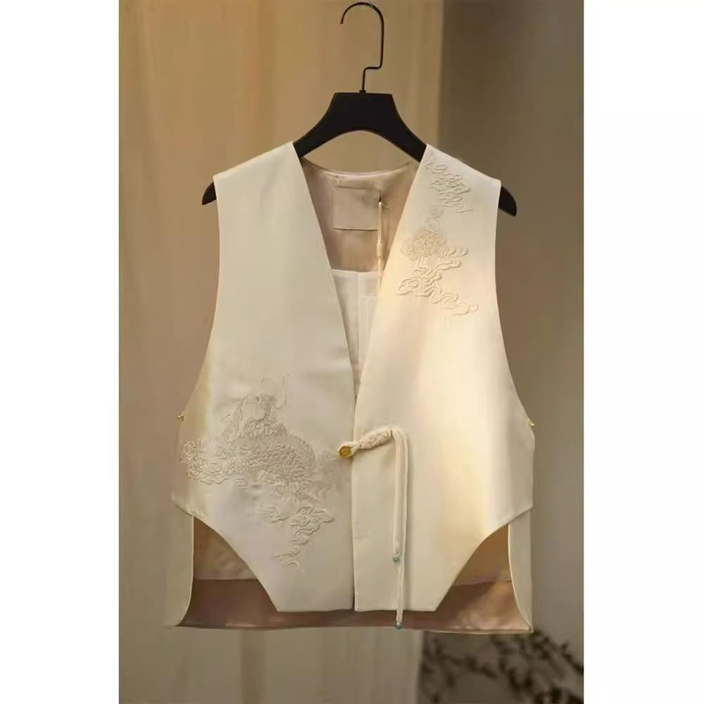 Chic Petite New Chinese Style White Vest for Women - Spring/Fall Collection