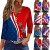 Women's Fashion Casual T-Shirt V-Neck Seven Sleeve Independence Day Printed Button Top