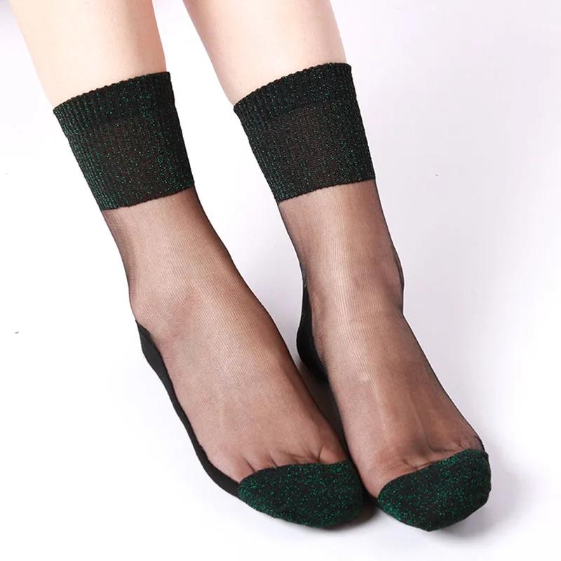 Women Summer Fashion Ultrathin Transparent Socks Glitter Crystal Glass Silk Socks Beautiful Lace Shiny Elastic Short Socks