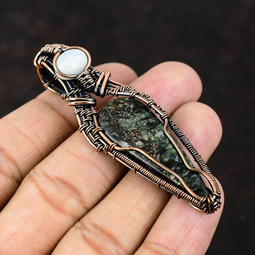 Серафинит Медный Кулон Медная Проволока Обернутый Кулон Драгоценный Камень Дизайнерские Ювелирные Изделия Кулон Лунный Камень Ювелирные Изделия Ручной Работы Серафинит Подарок Для Мамы