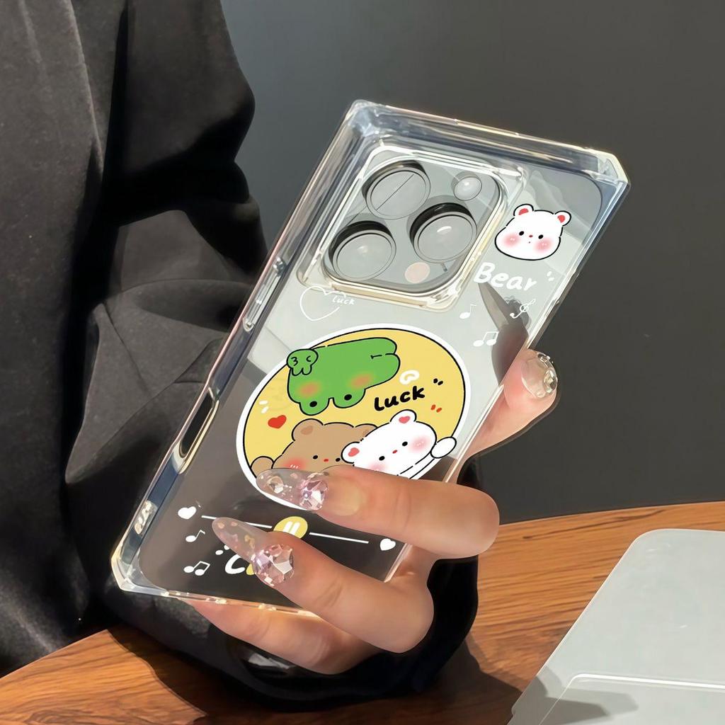 Прозрачный чехол с квадратной задней стенкой и защитой боковых граней для iPhone 16 ProMax 15 Plus 12 13 11 14 Pro Max, не подверженный окислению, с рисунком диска 'Маленький медвежонок'