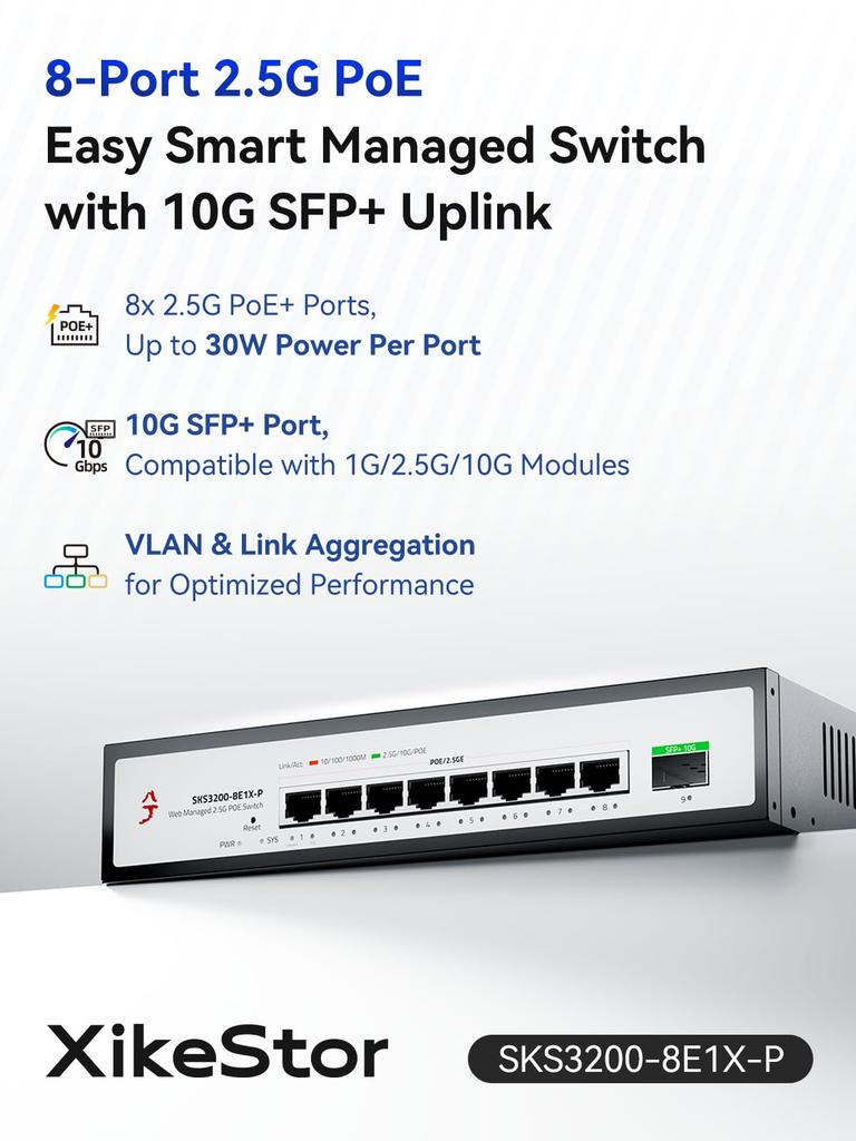 XikeStor 9-портовый PoE-концентратор, веб-управляющий коммутатор, питание PoE, 8 портов, 1 порт, 10G, камера безопасности, точка доступа, VLAN, агрегация, разветвитель, концентратор, поддержка 2,5G +