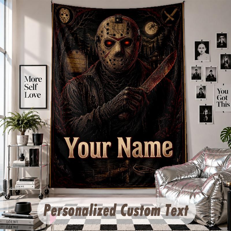 Custom Tapestry Wall Hanging, Friday the 13th Jason Voorhees Personalized Name Text Home Wall Decor