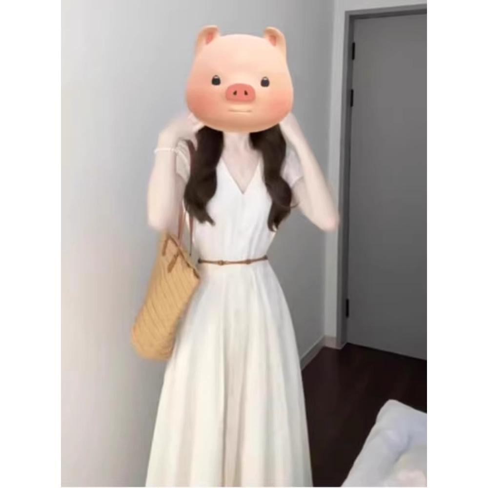 Абрикосовое платье летнее повседневное новое популярное носить с поясом рубашка V-образный вырез маленькое платье с темпераментом