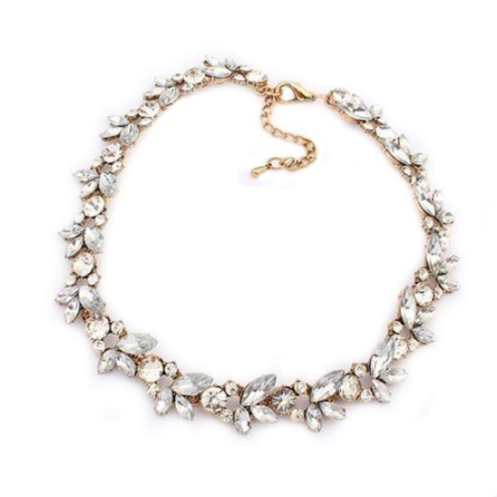 Women Party Luxury Crowd Clear Rhinestone Flower Bronze Choker Bib Necklace