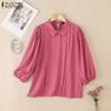 Women Summer Turn Down Collar Loose Casual 3/4 Sleeve Solid Blouse