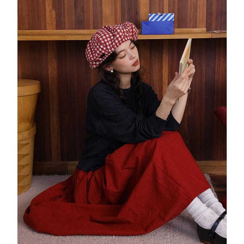 Johnature French Retro Bright Japanese Pleated Midi Skirt Red A-Line Umbrella Skirt Casual Simple Women Skirts