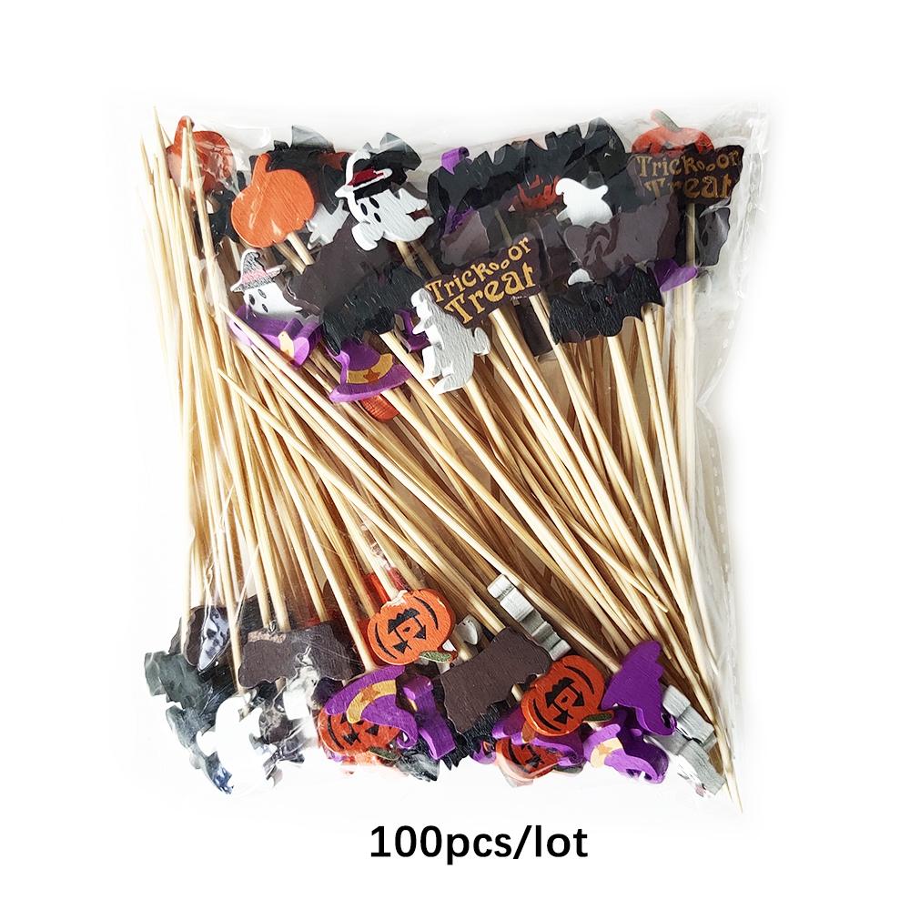 100Pcs Halloween Pumpkin Skewers Bamboo Picks Fruit Forks Buffet Dessert Toothpicks Ghost Bat Halloween Party Decoration