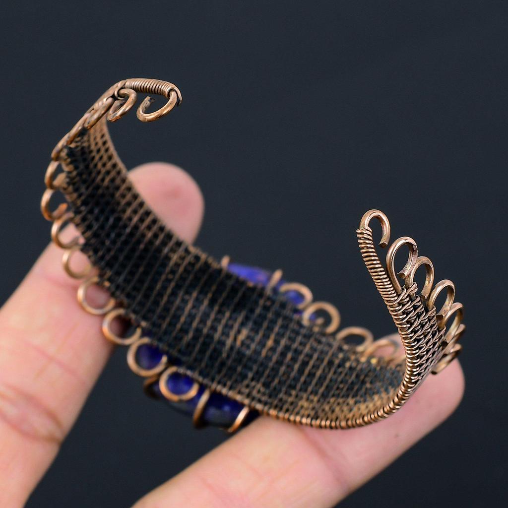 Lab-Created Blue Sapphire Gemstone Pure Copper Wire Wrapped Handmade Cuff/ Bangle Jewelry