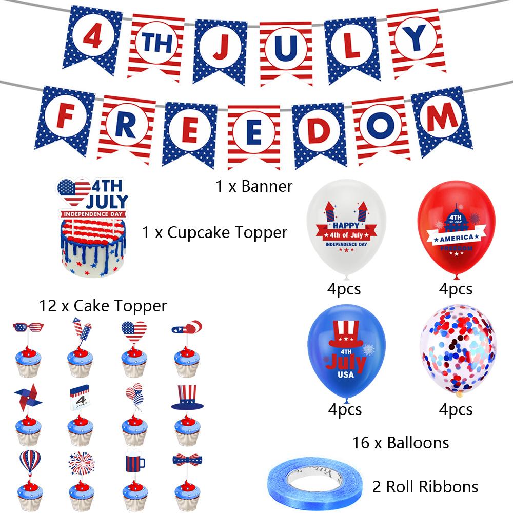 Патриотические украшения для вечеринки 4 июля включают баннер, топперы для торта, воздушные шары
