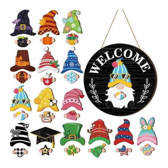 1 Set Interchangeable Wooden Welcome Sign with Seasonal Hat Accessories Gnome Highland Cow Hanging Front Door Sign Home Office Holiday Decoration