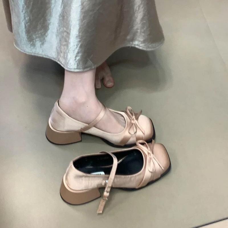 Женская обувь 2025 Весна Мэри Джейн Мода Бант Квадратный носок Сатин Женские туфли на высоком каблуке Пряжка Элегантные туфли Свадебная обувь