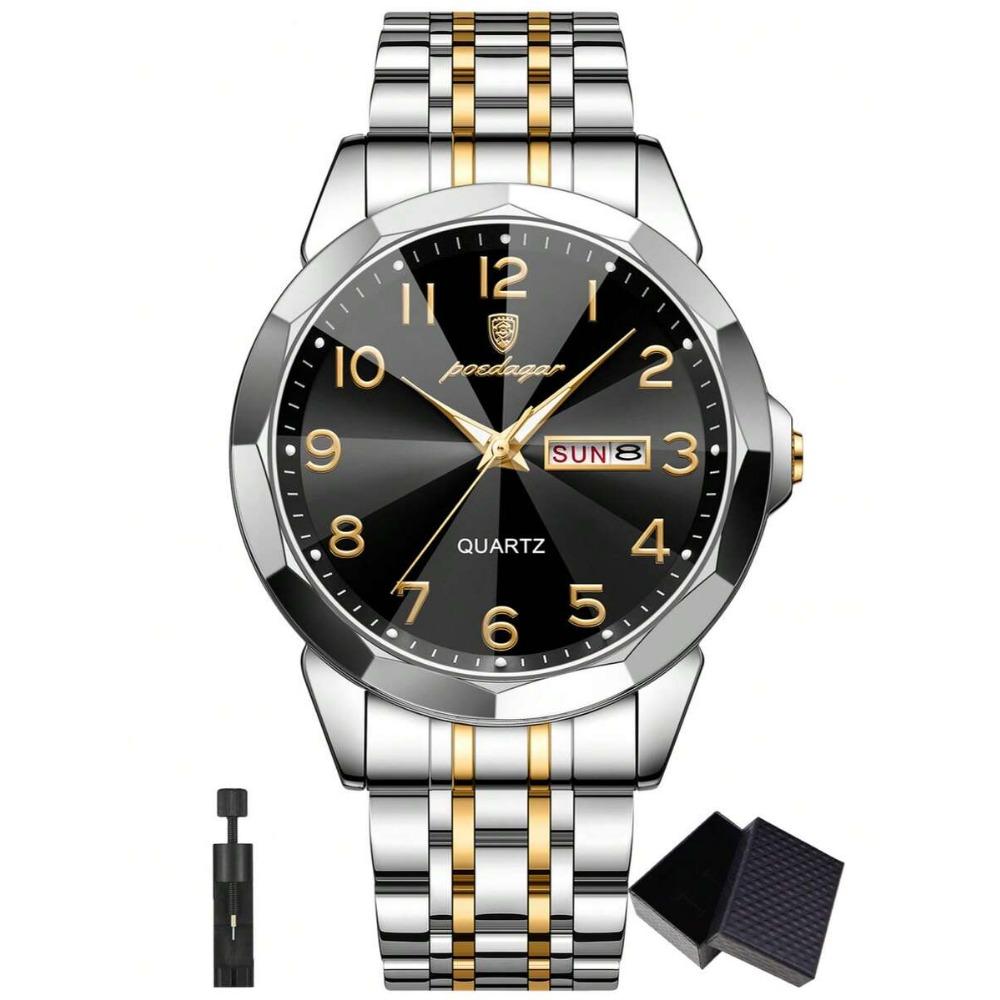 POEDAGAR 1pc Business Men's Stainless Steel Quartz Waterproof Luminous Watches, Dual Calendar Display, Men Gift