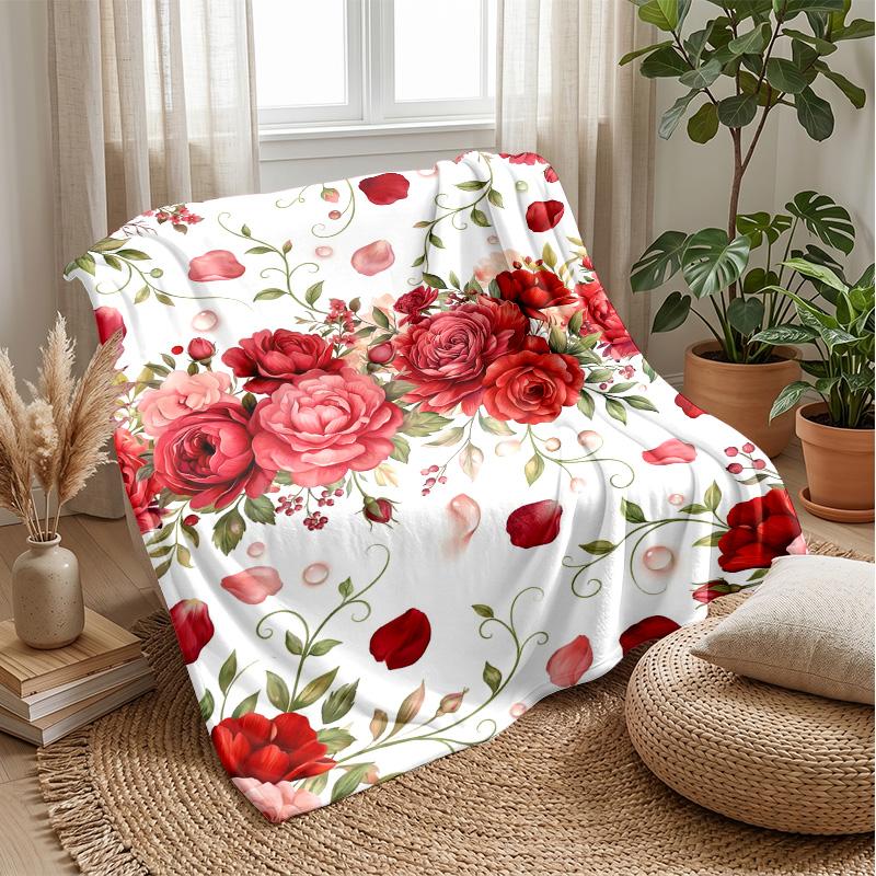 Red and Pink Floral Pattern Theme blanket Lightweight Warm Flannel Blanket Decorative Throw Blanket for Home Decoration