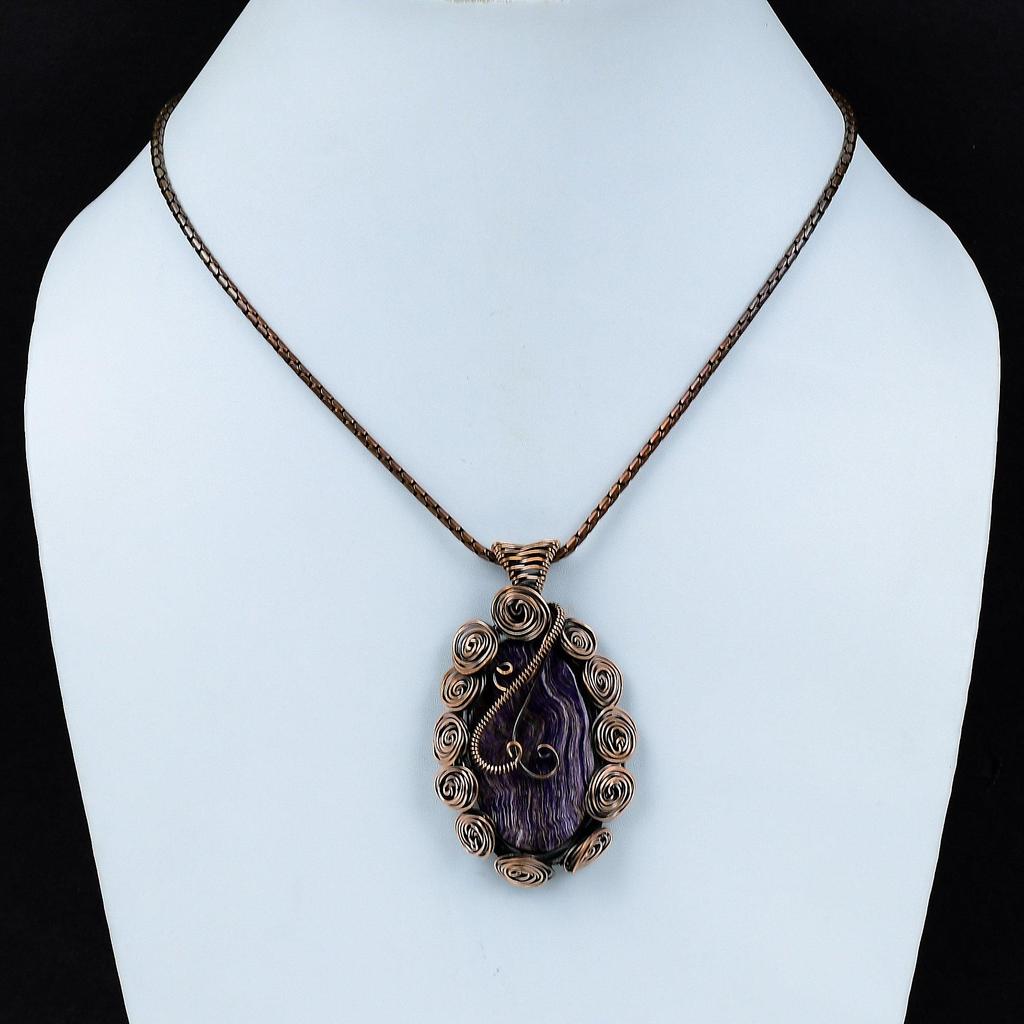 Шароит Драгоценный камень Медная проволока Обертывание ручной работы Кулон Ювелирный подарок для нее