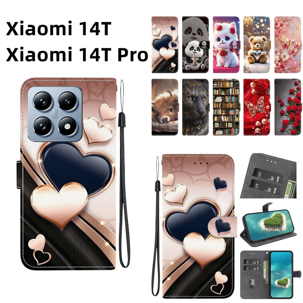 Handmade PU Leather Flip Case for Xiaomi 14T / Xiaomi 14T Pro Anti-Slip Shockproof Cover with Wrist Strap & Heart/Rose Cat Designs