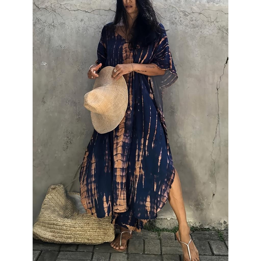Plus Size Boho Cover Up, Women's Plus Striped Batwing Sleeve V Neck Split Maxi Kaftan Cover Up Dress