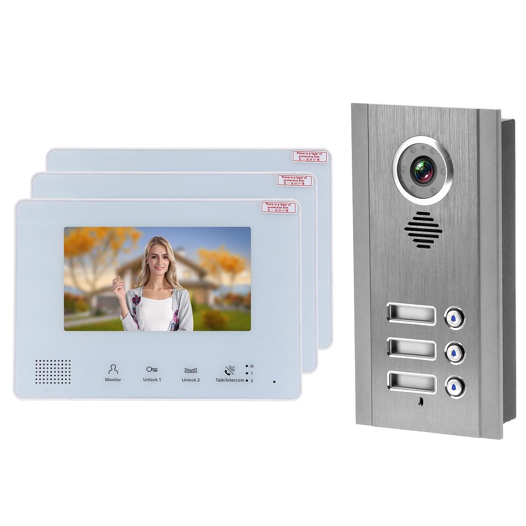 Visual Intercom Doorbell 7in TFT LCD 2 Wire Night Vision Security Door Phone 1 Camera 3 Displays