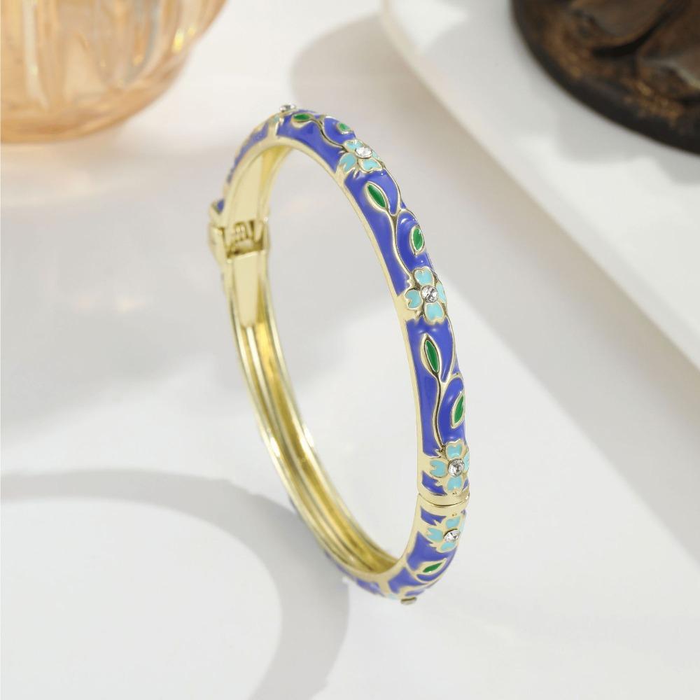 Metal Cloisonne Bracelet Retro Enamel Flower Bangle Closed End Enamel Bracelet Ethnic Style