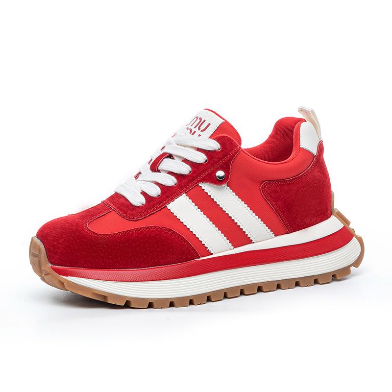 6cm Retro Sport Forrest Gump Women's Shoes - Autumn 2025 Red Ankara Leather Round Toe Color Block Casual Sneakers.