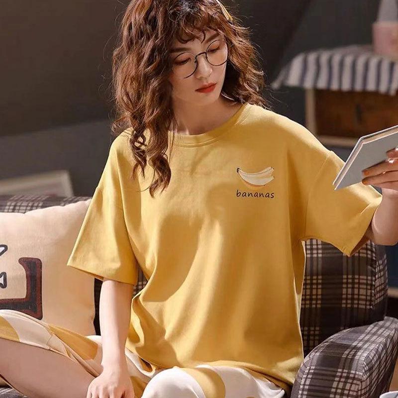 Женский летний пижамный комплект - Круглый вырез, Короткий рукав, Брюки длиной семь восьмых, Удобный повседневный костюм-двойка