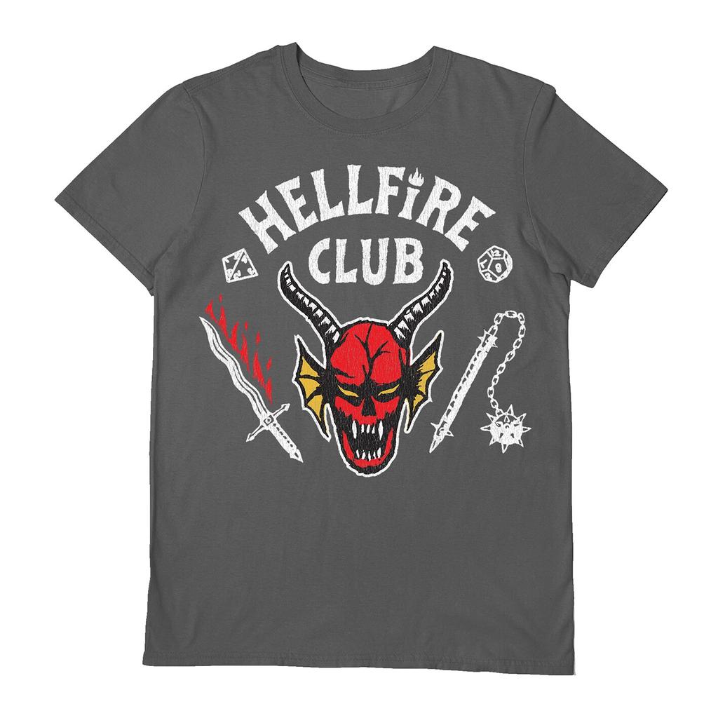 Stranger Things 100% Cotton T-shirt Mens Tees Top - Hellfire Club - Official Grey S/S Tee