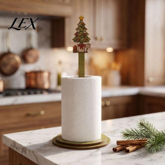 Wooden Paper Towel Dispenser Christmas Holder, 2D Roll with Snowman Kitchen Holiday Ornament Santa Patterns, Decorative Tissue Stand for Dining Table