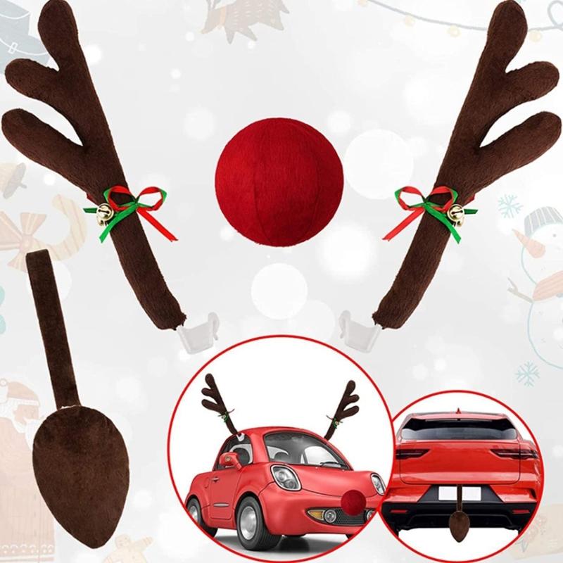 Car Christmas Decorations, Reindeer Antlers for Car 3Pcs Auto Antlers and Nose for Vehicle Christmas Decorations