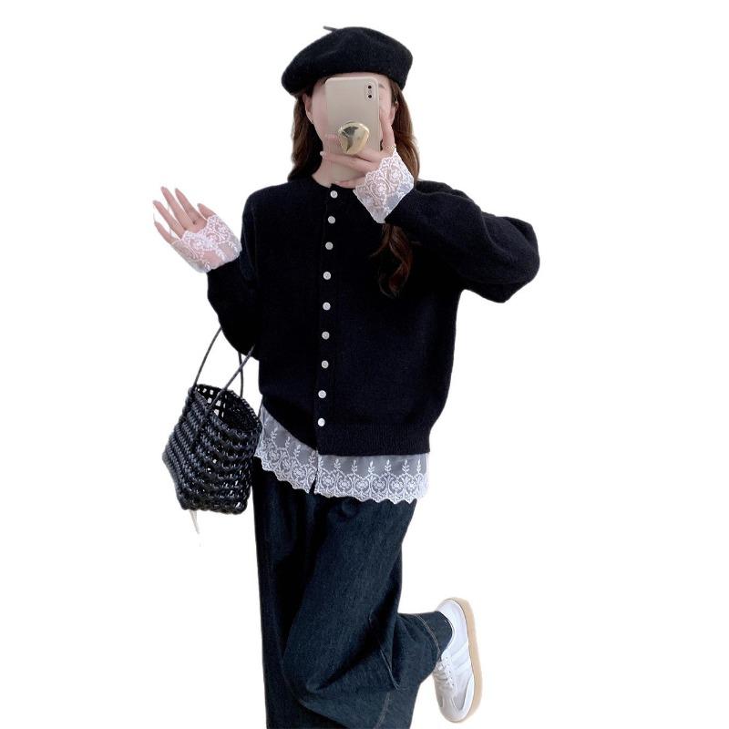 Осень и зима новый дизайн кружевная вставка кружевной вязаный кардиган женский свободный омолаживающий свитер куртка