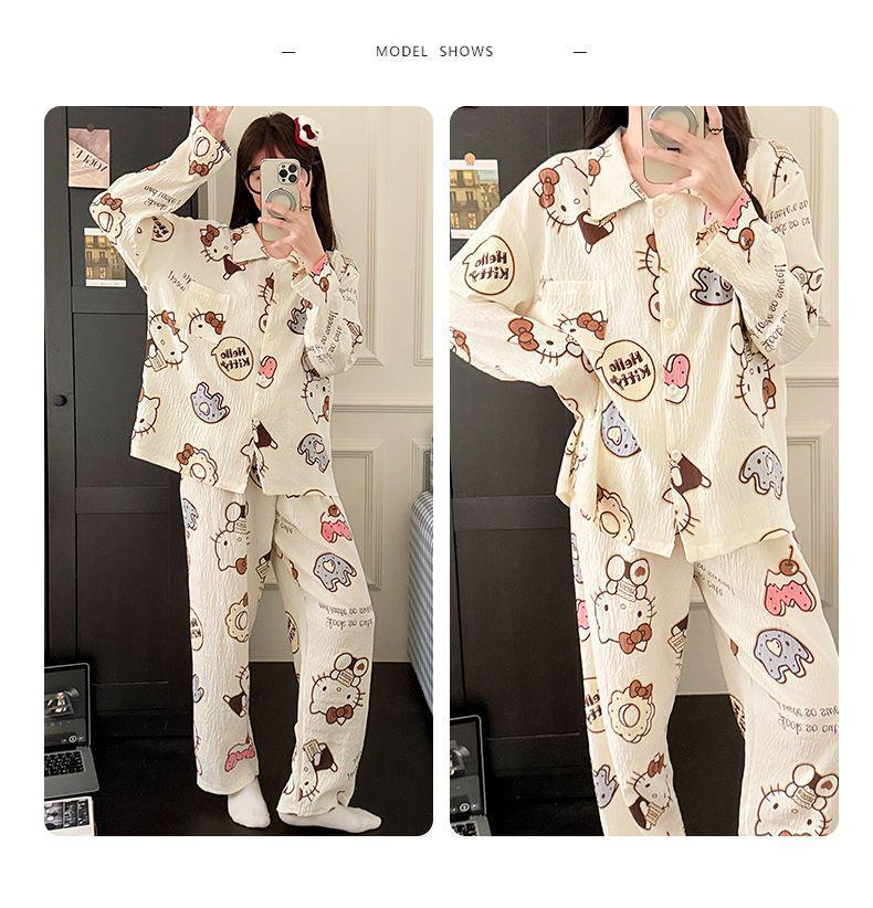 2025 Милый мультяшный женский пижамный комплект - Весенне-осенний кардиган с длинными рукавами и брюки
