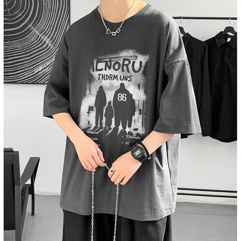 Мужские футболки с коротким рукавом с буквенным графическим принтом и половиной рукава Футболка-пуловер Повседневная футболка Мужская корейская повседневная футболка с круглым вырезом в стиле ретро