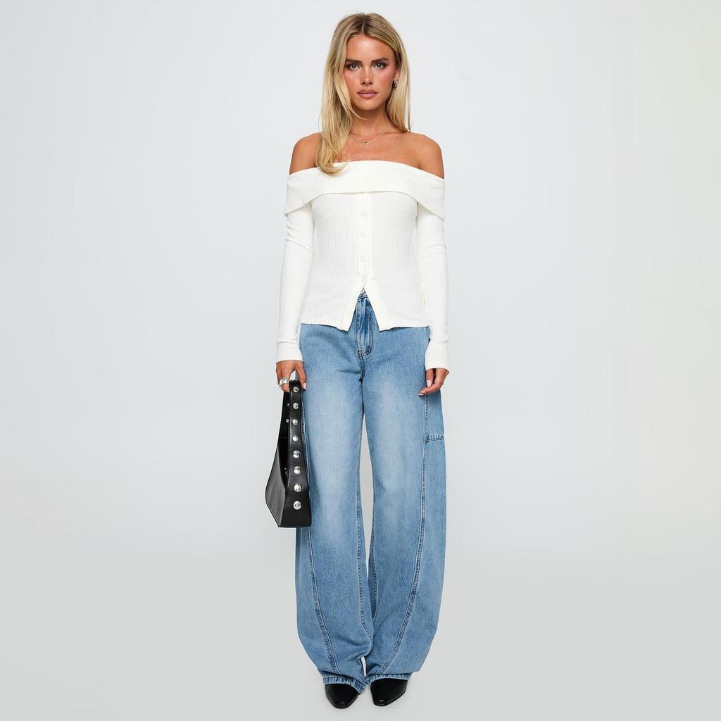 Women Y2k Off Shoulder Button Up Ribbed Knit Sweater Vintage Slim Fit Long Sleeve Foldover Pullover Top