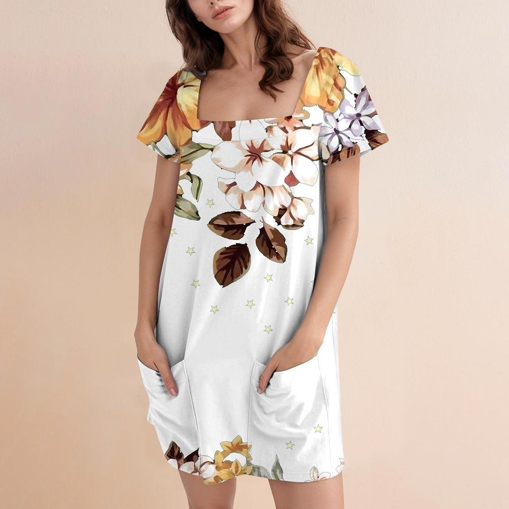 Женское модное повседневное платье с квадратным вырезом и коротким рукавом