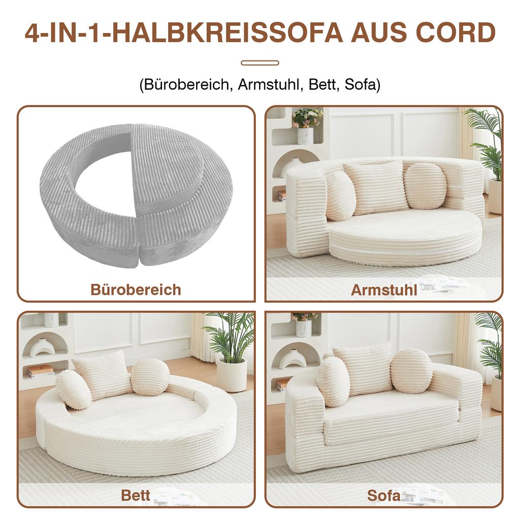 A versatile 4-in-1 sofa bed, which can be used both as a semi-circular sofa and as a round daybed, Two round cushions and one square cushion