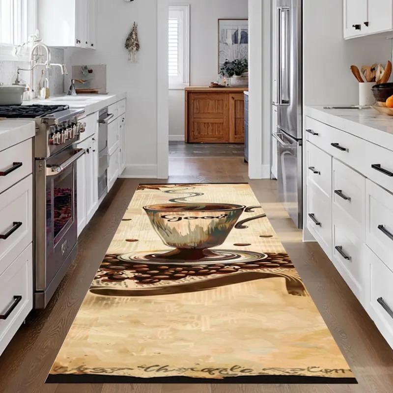 Professional Coffee Menu Kitchen Rug Non-Slip Mat Featuring Espresso Latte & Cappuccino Prints on Black Ideal for Home Floor