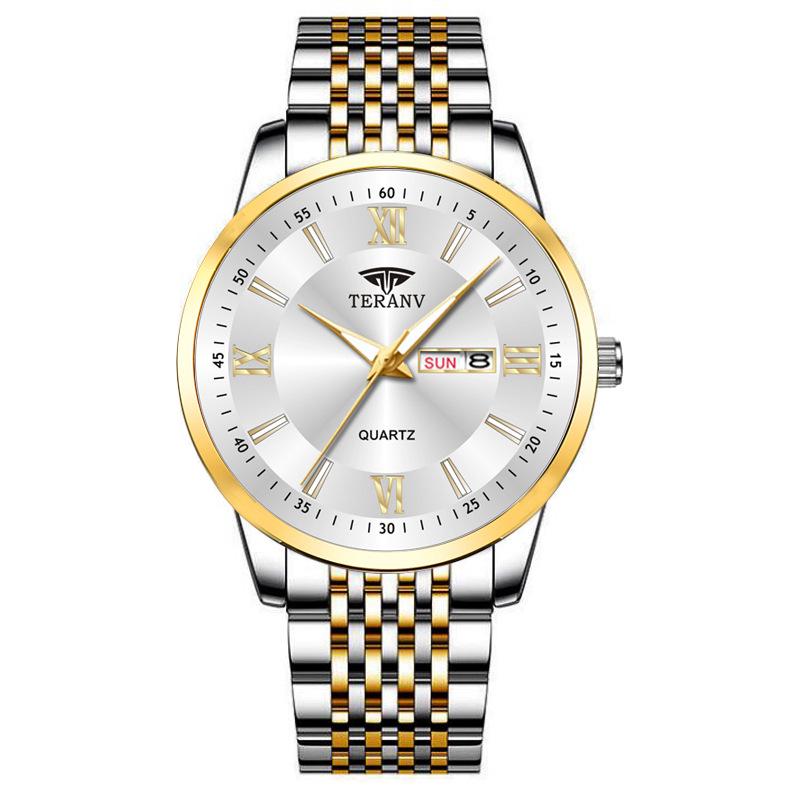 Butterfly Clasp Men's Ultra-Thin Luminous Stainless Steel Dual Calendar Waterproof Quartz Watch