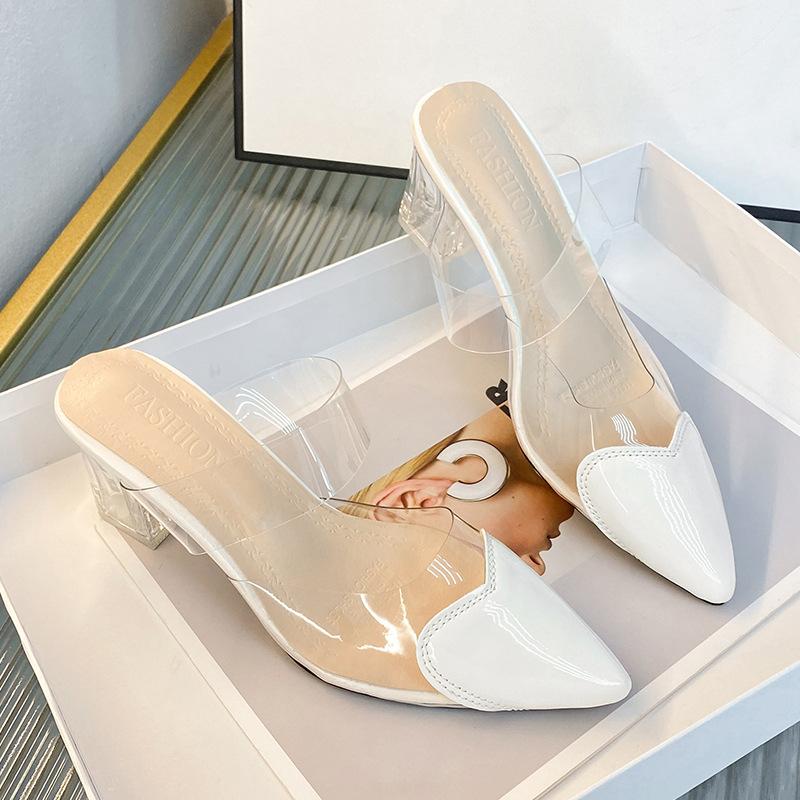 Весенние модные простые лакированные кожаные полутапочки персикового цвета с острым носком в форме сердца, женские сандалии Baotou на высоком каблуке на тонком каблуке, удобная элегантная обувь