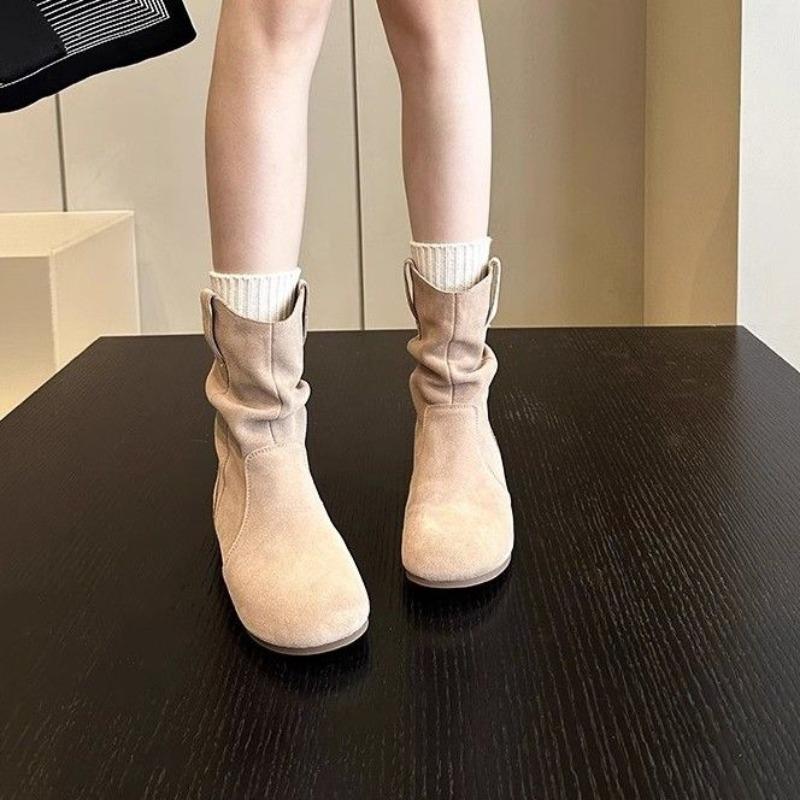 Модные женские полусапоги в стиле ретро с круглым носком, женские туфли до середины голени на плоской подошве, зима 2024 года, новинка по акции, дизайнерская роскошь, демисезон