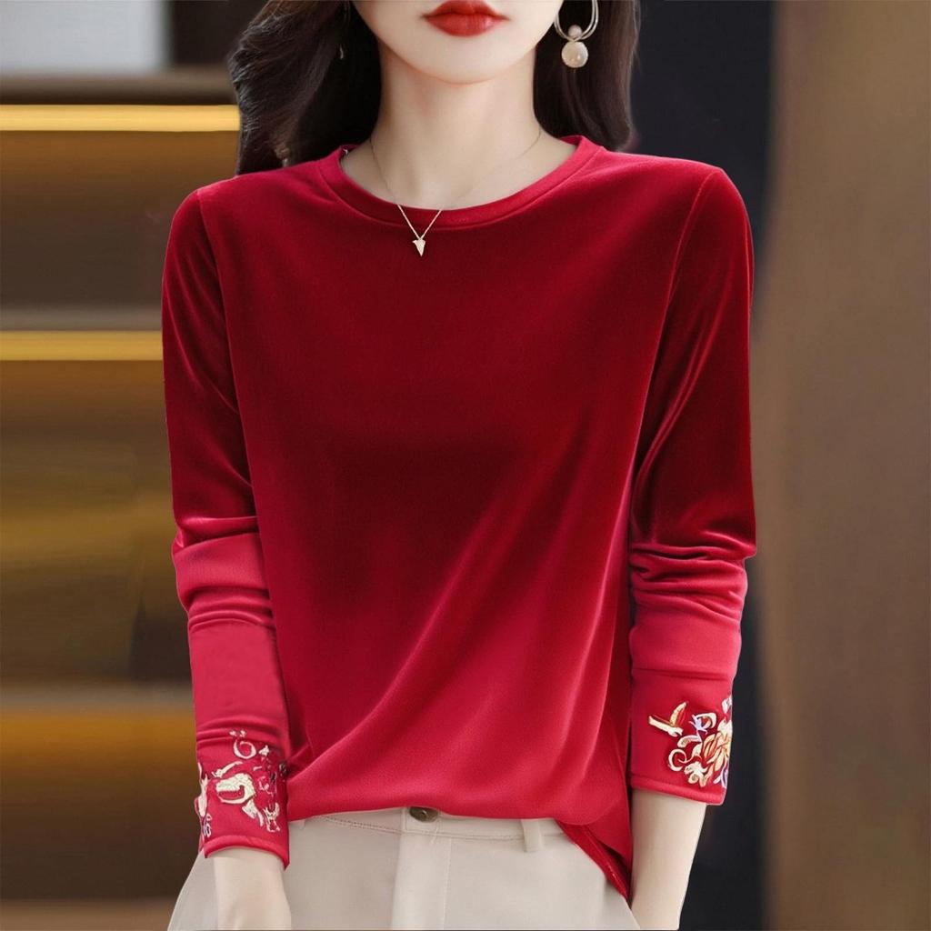 Женская модная бархатная футболка с круглым вырезом, свободный топ для многослойности