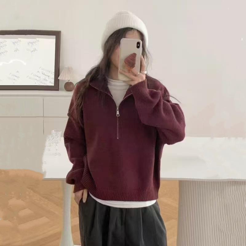 Autumn and Winter Half Zipper Stand Up Collar Knitted Sweater for Women Coat Top Women