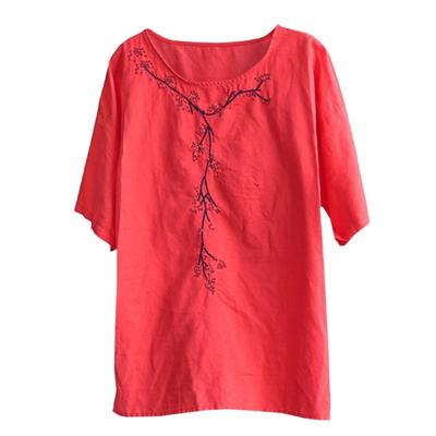 Литературная женская вышитая футболка с коротким рукавом Лето Новая Ретро Этнический стиль Хлопок Лен Свободная Футболка с рукавом до локтя