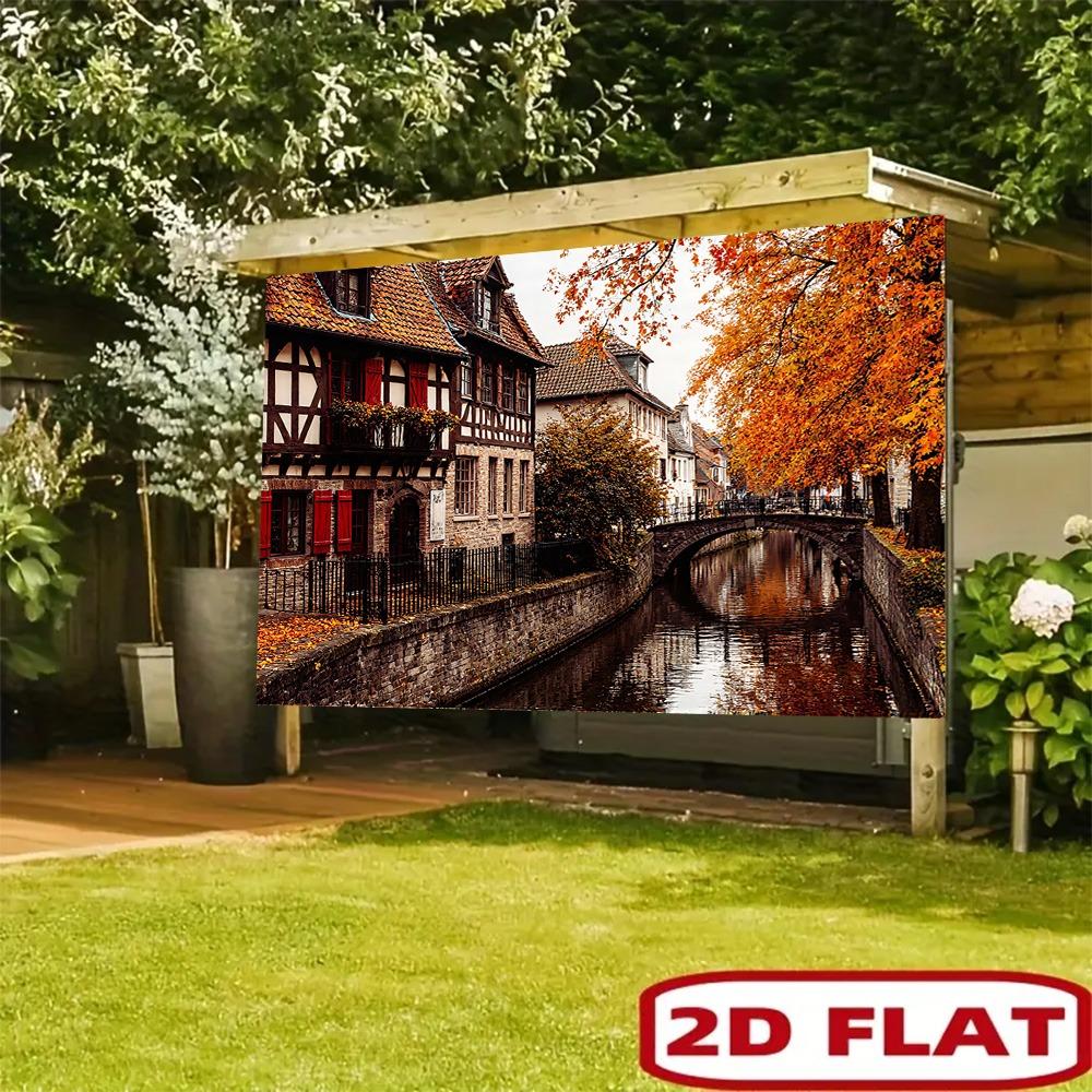 Осенний Канальный Город с Фахверковыми Домами Настенный Гобелен 2D Плоская Печать Европейская Деревня Искусство Природа Декор Интерьер Дома Подвесной
