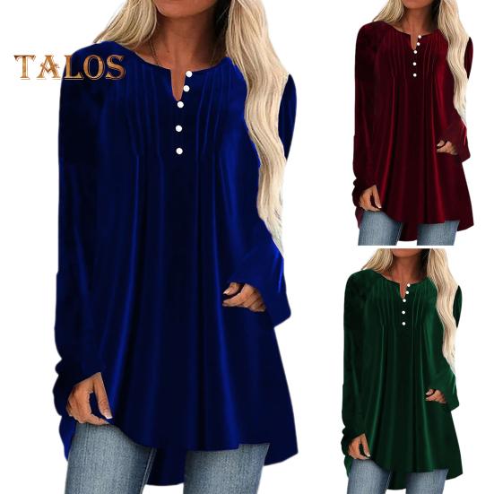 Женская бархатная рубашка с V-образным вырезом, пуговицами, полузастежкой, длинным рукавом, асимметричным подолом, однотонная блузка средней длины