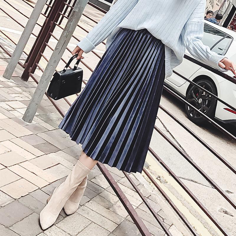 Student Velvet Female Skirt Pleated Spring And Autumn Korean Version High Waist Skirt Medium Length Slim Long Dress Female Trend