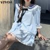 VONDA Two Picecs Women Naval Collar Lace Hem Striped Texture T-shirts and Shorts Sets